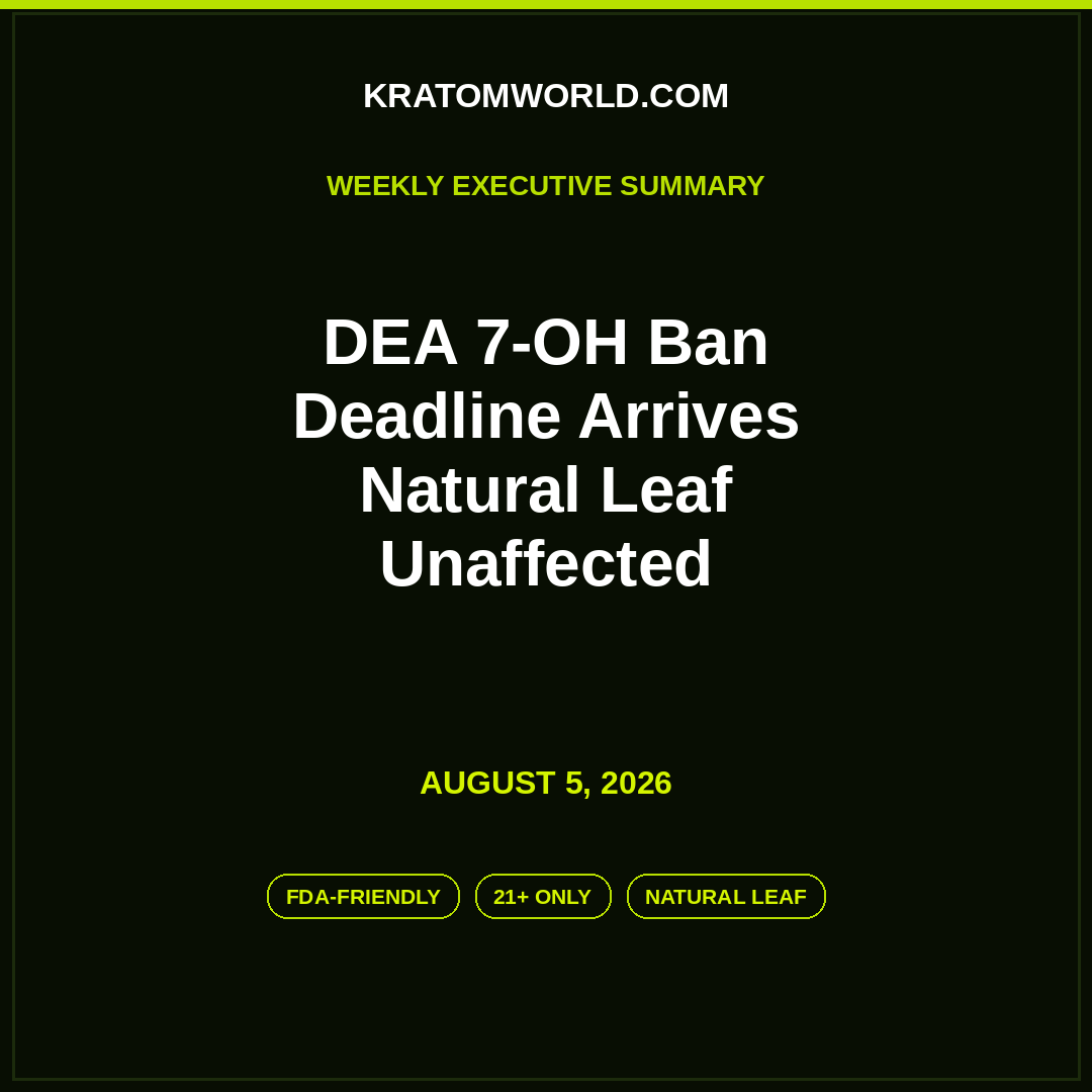 Kratom news August 2026 executive summary — DEA 7-OH Schedule I ban deadline arrives, natural leaf unaffected